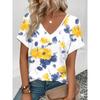 Chic Watercolor Flower Print Casual T Shirt V Neck Short Sleeve Tee For Women Summer Holiday Travel And Daily Outfits