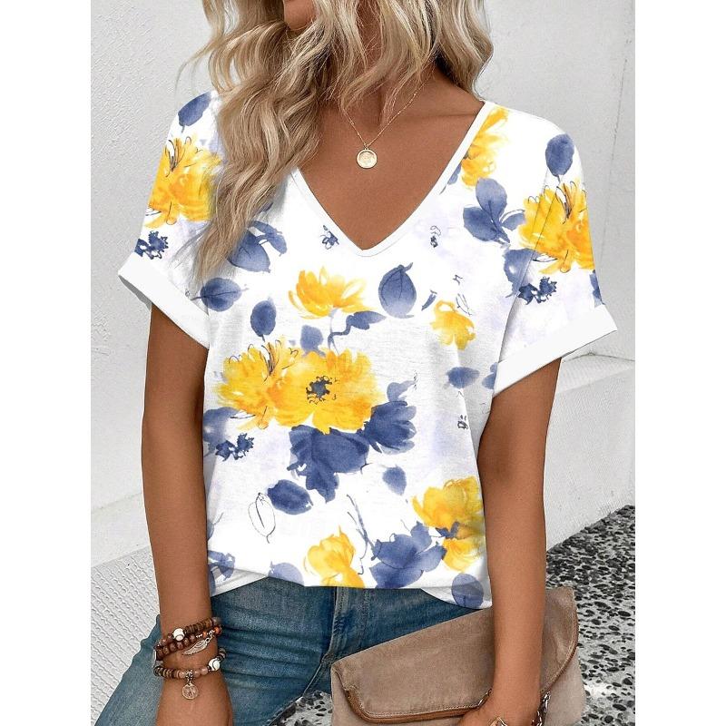 Chic Watercolor Flower Print Casual T Shirt V Neck Short Sleeve Tee For Women Summer Holiday Travel And Daily Outfits