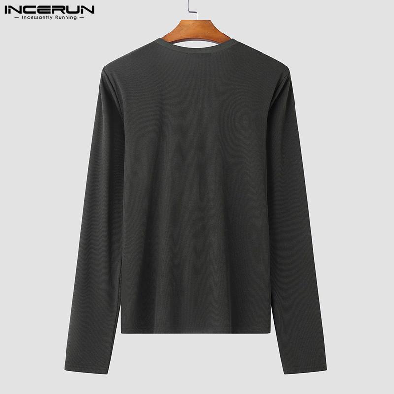 INCERUN Men V Neck Long Sleeve Buttons Rib Casual Fitted Tops T-shirts Undershirts