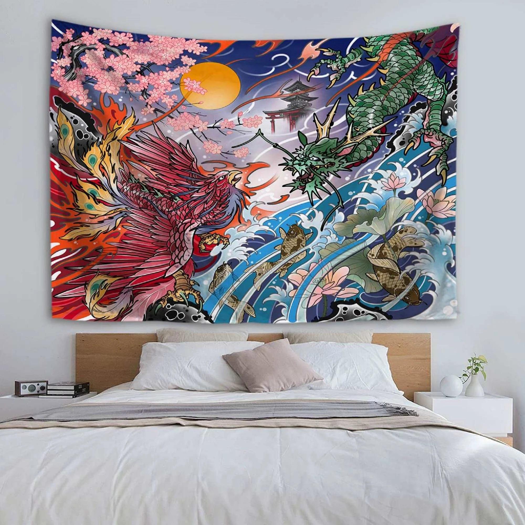

Traditional Japanese Tapestry Asian Oriental Art Style Wall Decor Abstract Dragon Phoenix Wall Hanging Colorful Koi Fish 74x94cm(29x37in)
