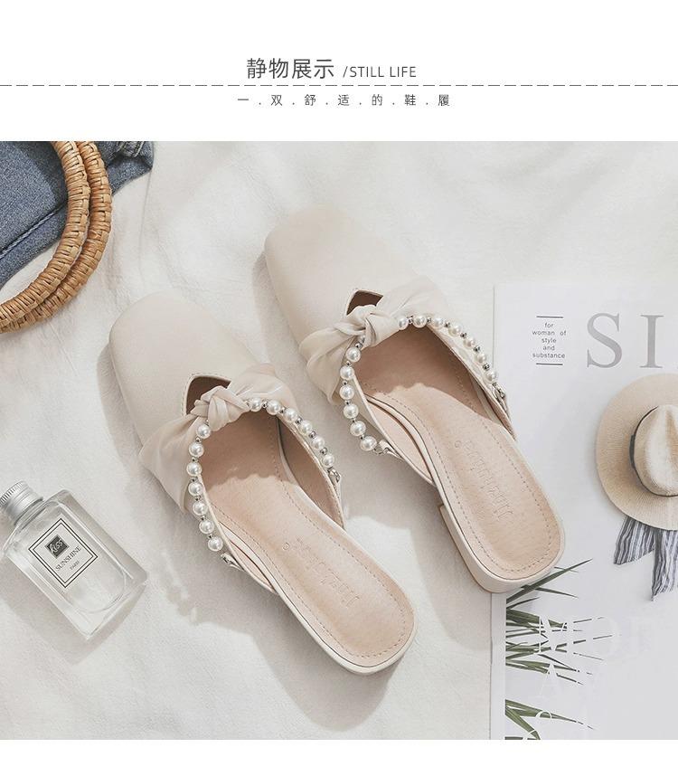 Fairy Style French Pearl Baotou Half Slippers Female 2025 Spring and Summer New High Heels Thick Heel Medium Heel Lazy Outer Wear