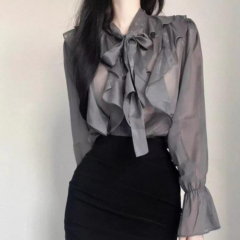 Sommer Koreanische Chiffonbluse Büro Dame Herbst Mode Oberteile Süßes Schleifenhemd Damen Lässige Langarmblusen Blusas