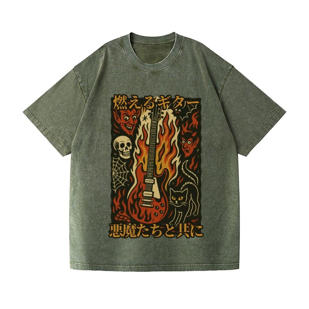 Halloween Fashion Summer Tees Vintage Flame Guitar Skull Wash Japanese Design TShirt Kpop Clothes Korean Gothic Tops