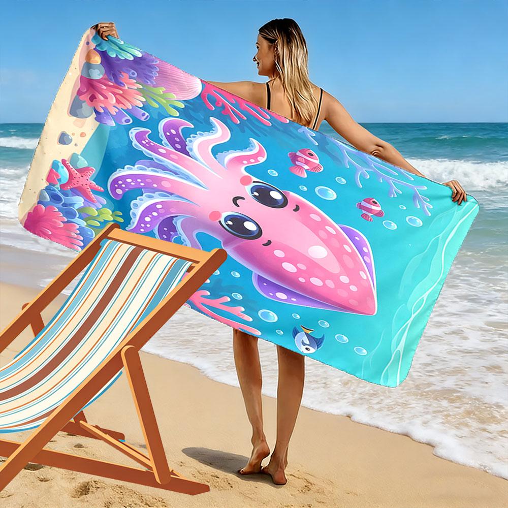 Cute Pink Squid Underwater Scene Patterned beach towel quick dry perfect for travel outdoor sports jogging the beach and swimming