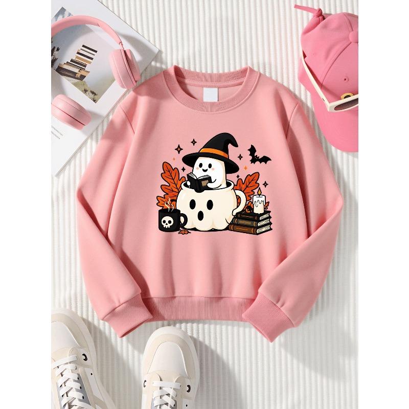 Girls Halloween Crew Neck SweatshirtCute Witch Reading Book Halloween Print, Fun Print Kids Autumn Clothing