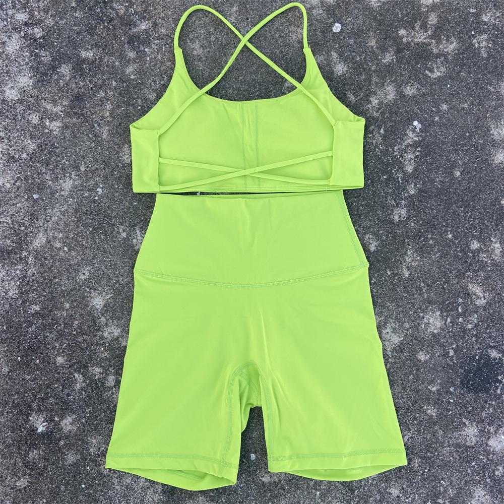 JYL Summer Shorts Set Soft Naked Tight Shorts Cross Back Yoga Set