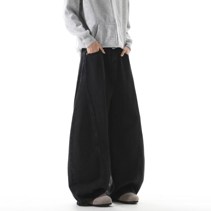 Mens Black Wide Leg Denim Pants Loose Fit Straight Cut Casual Trousers With Slight Stretch