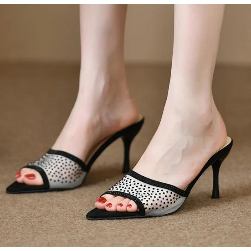 Fashionable Versatile High Heel Slippers Pointed Toe Rhinestone Decorated One-piece Strap Sandals Casual Elegant Ladies Shoes