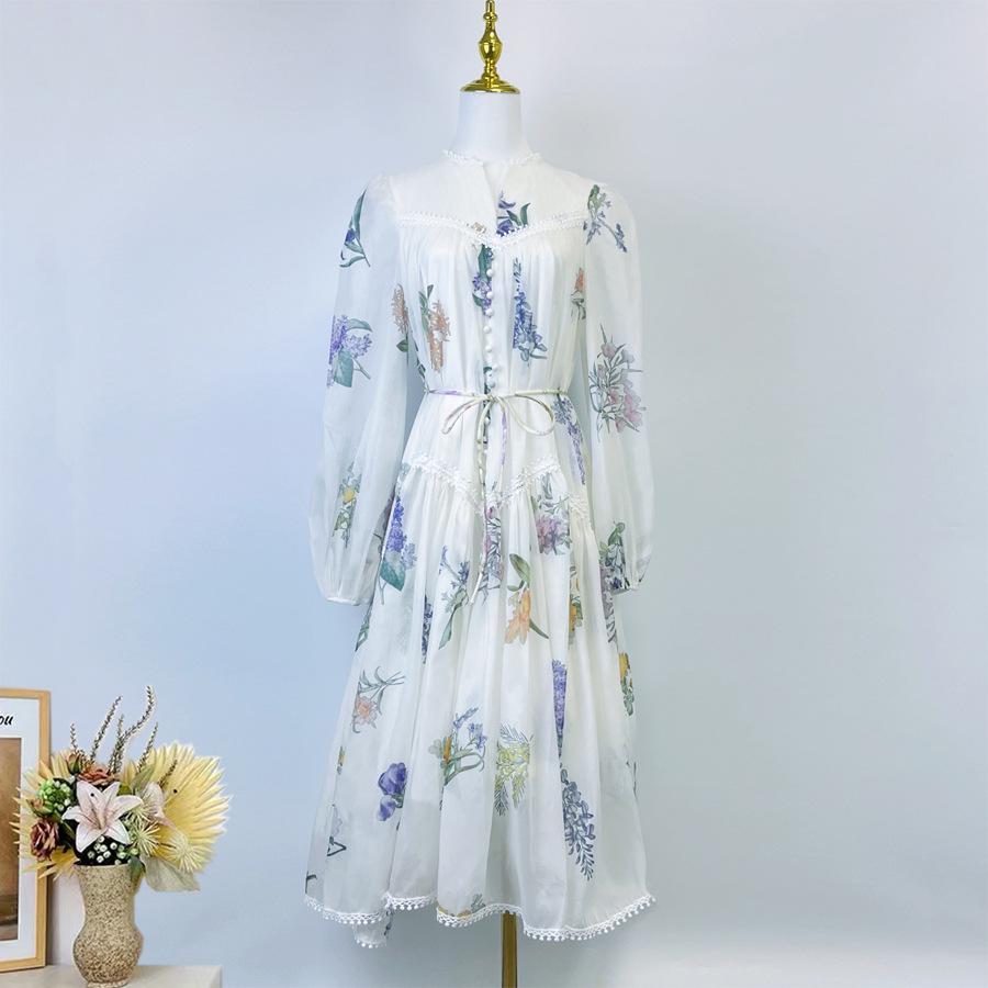 

Новое кружевное платье-свинг свободного кроя 2025 года с завышенной талией и длинными рукавами Medium белый