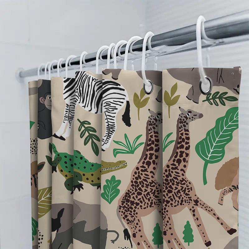 Animal Adventure Shower Curtain Jungle Safari Theme With Zebra, Giraffe Elephant Design Waterproof Fabric For Bathroom Decoratio