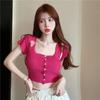 Women's Summer 2025 Knitted Short-Sleeve T-Shirt - New Design with Sweet and Spicy Style, Square Neck, Pure Charm Top.