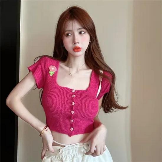 Women's Summer 2025 Knitted Short-Sleeve T-Shirt - New Design with Sweet and Spicy Style, Square Neck, Pure Charm Top.