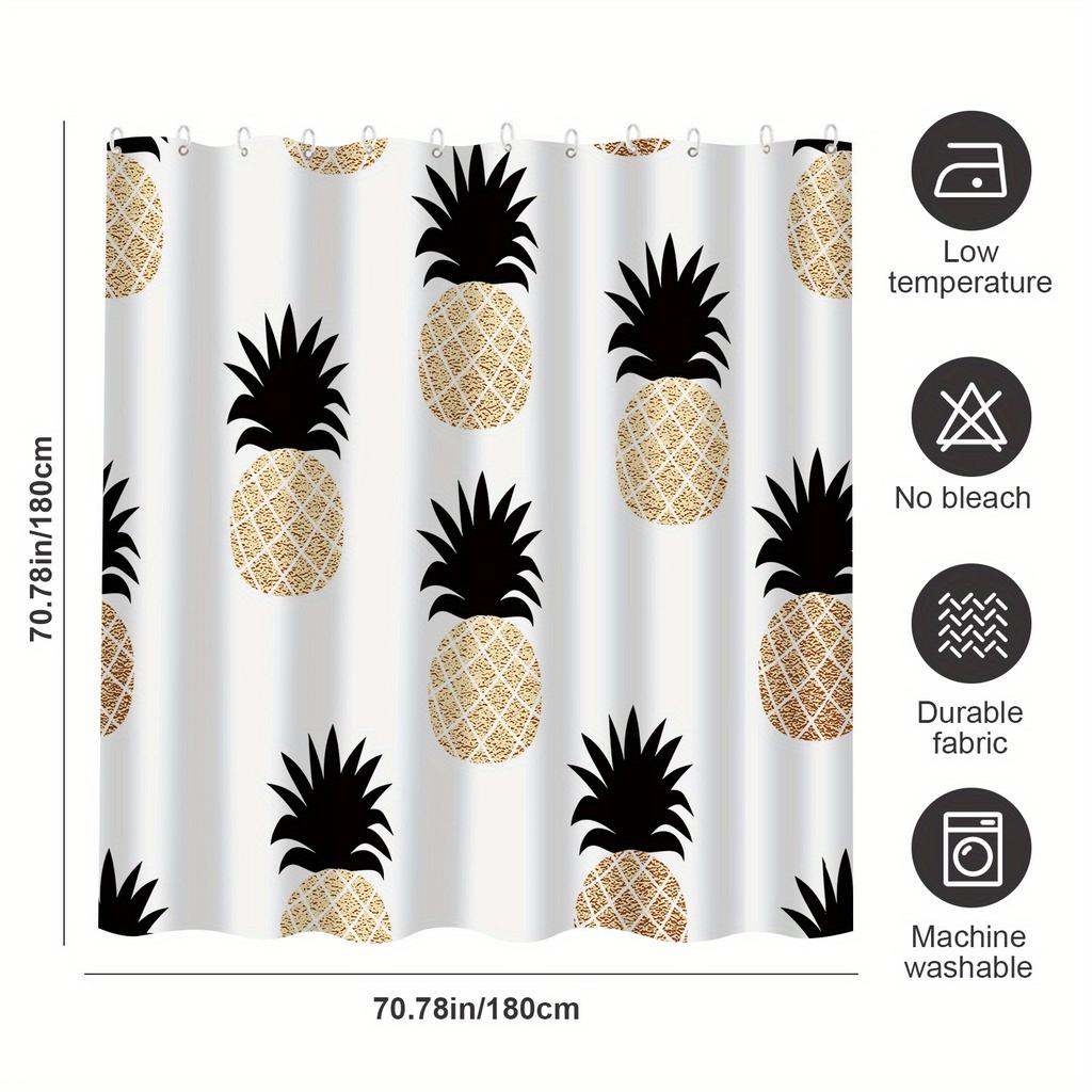 Tropical Pineapple Shower Curtain - Golden & Black Beach Art Design, Machine Washable Polyester, Bath Decor