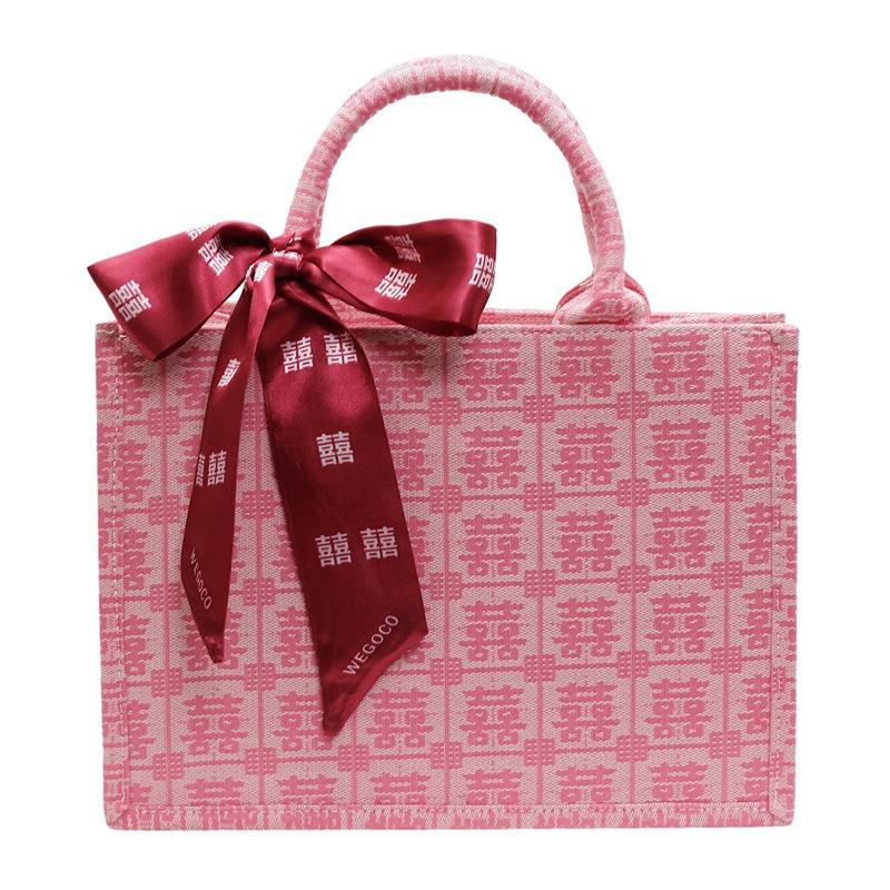 New Wedding Red Fashion Portable Tote Bag Women's Large-capacity Niche Design Baixi Character Canvas Wedding Bag