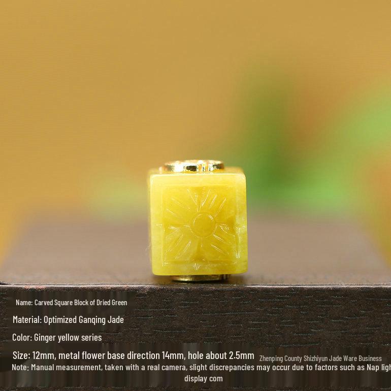 Jade Ruyi Pass Square Bead - Carved Green/Yellow, 12x14mm, 2.5mm Hole, Jewelry C196
