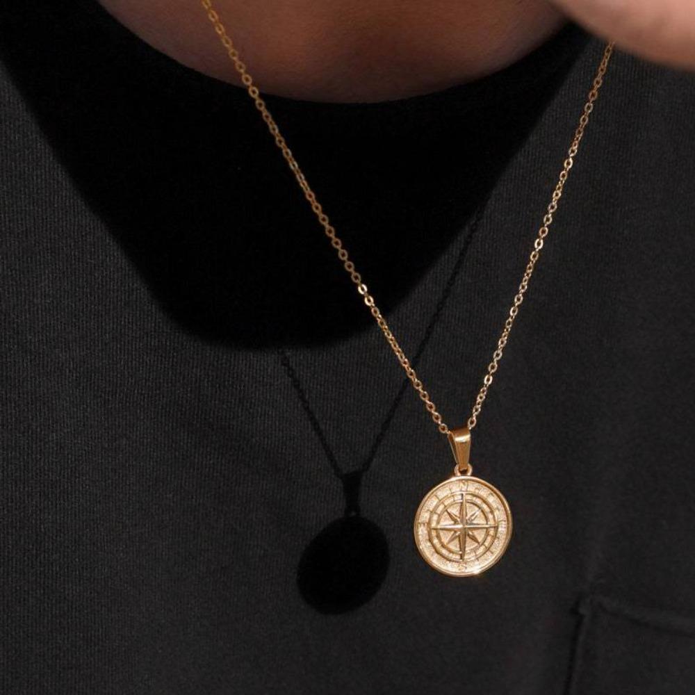 Vintage Compass Pendant Stainless Steel Cuban Style Choker Clavicle Chain Man Necklace Wheat Chain