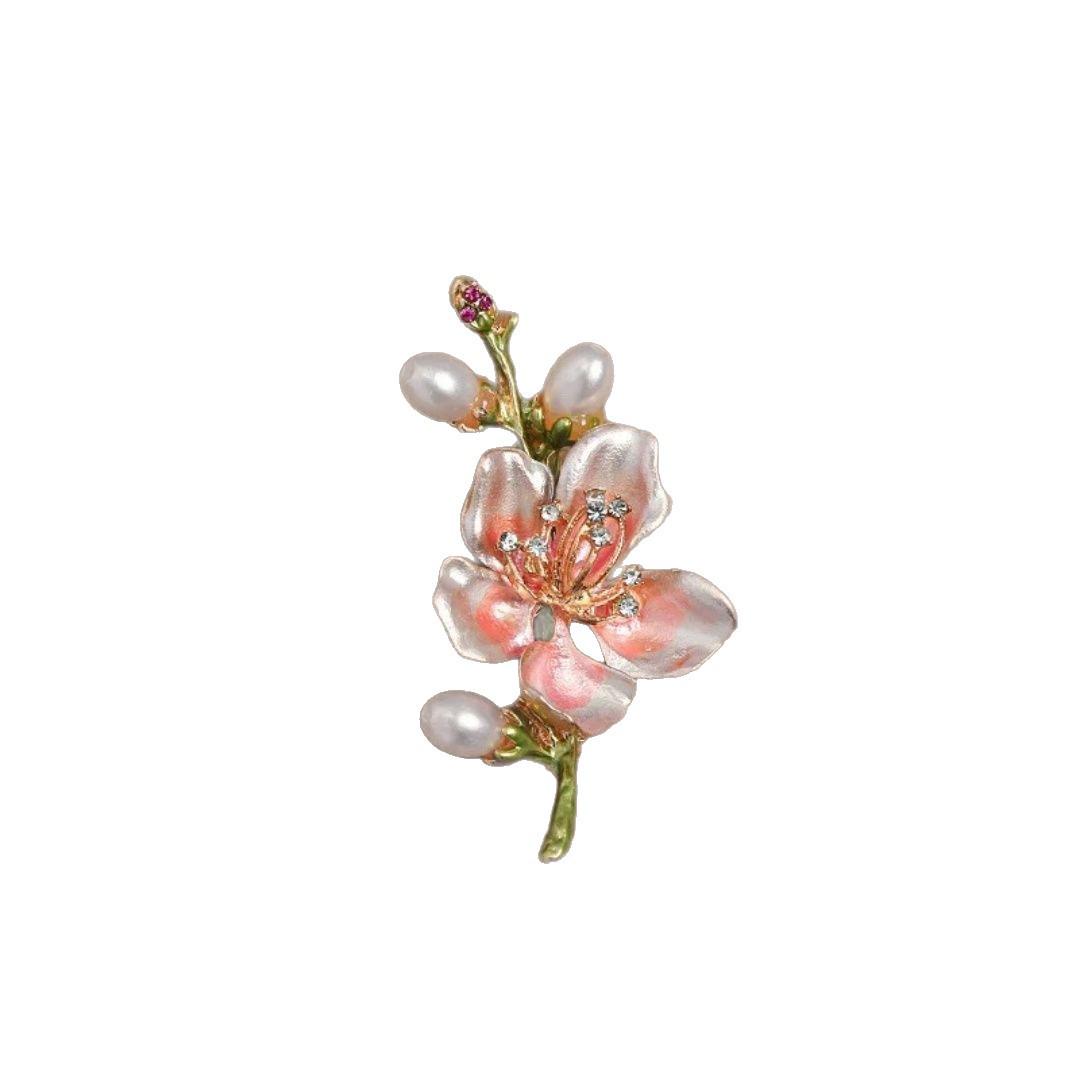 Elegant Pink Enamel Peach Blossom and Butterfly Brooch - Fashion Accessory for Coats and Sweaters