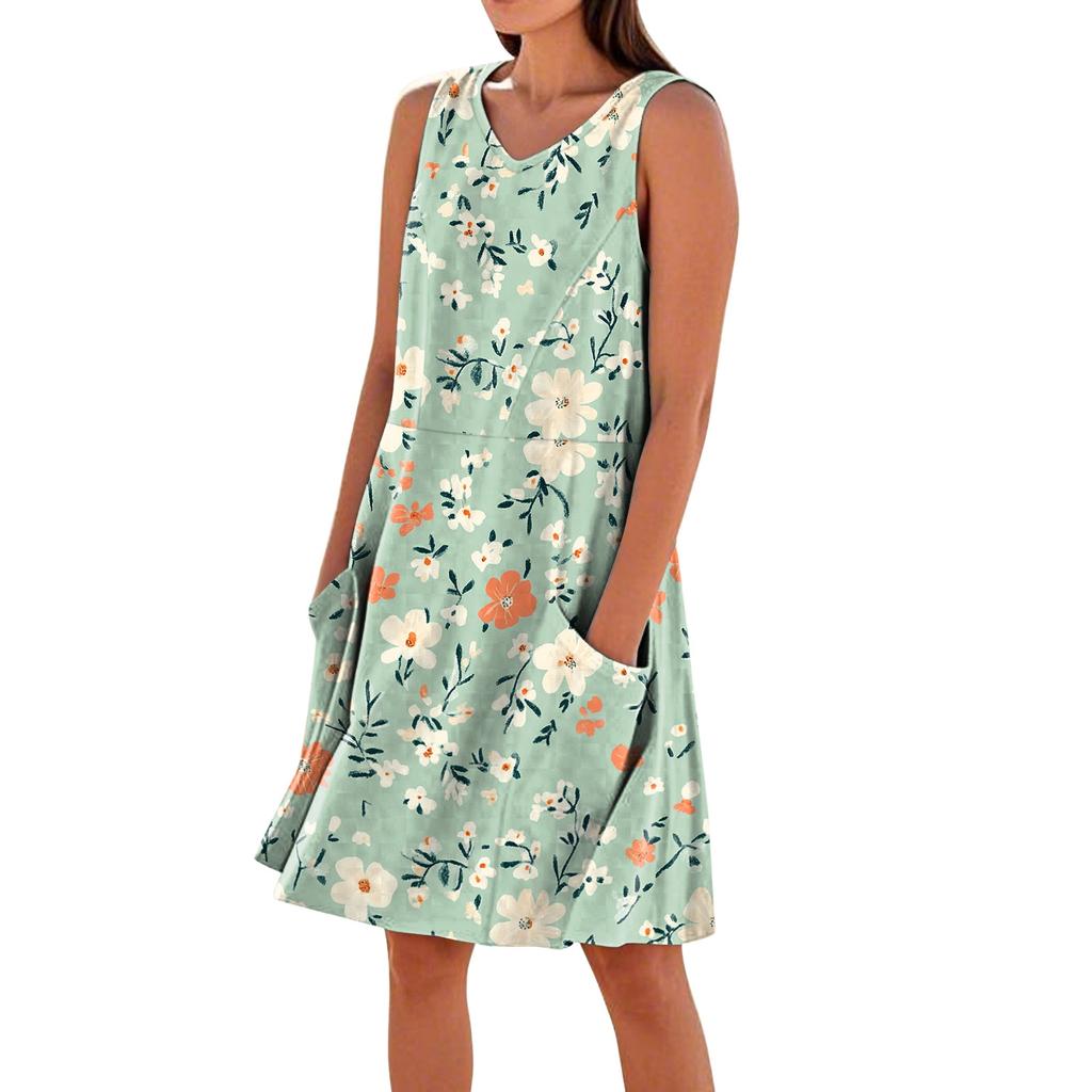 Women Sleeveless V Neck Casual Dress with Pockets Floral Print Relaxed Fit Summer A Line Dress for Daily Wear