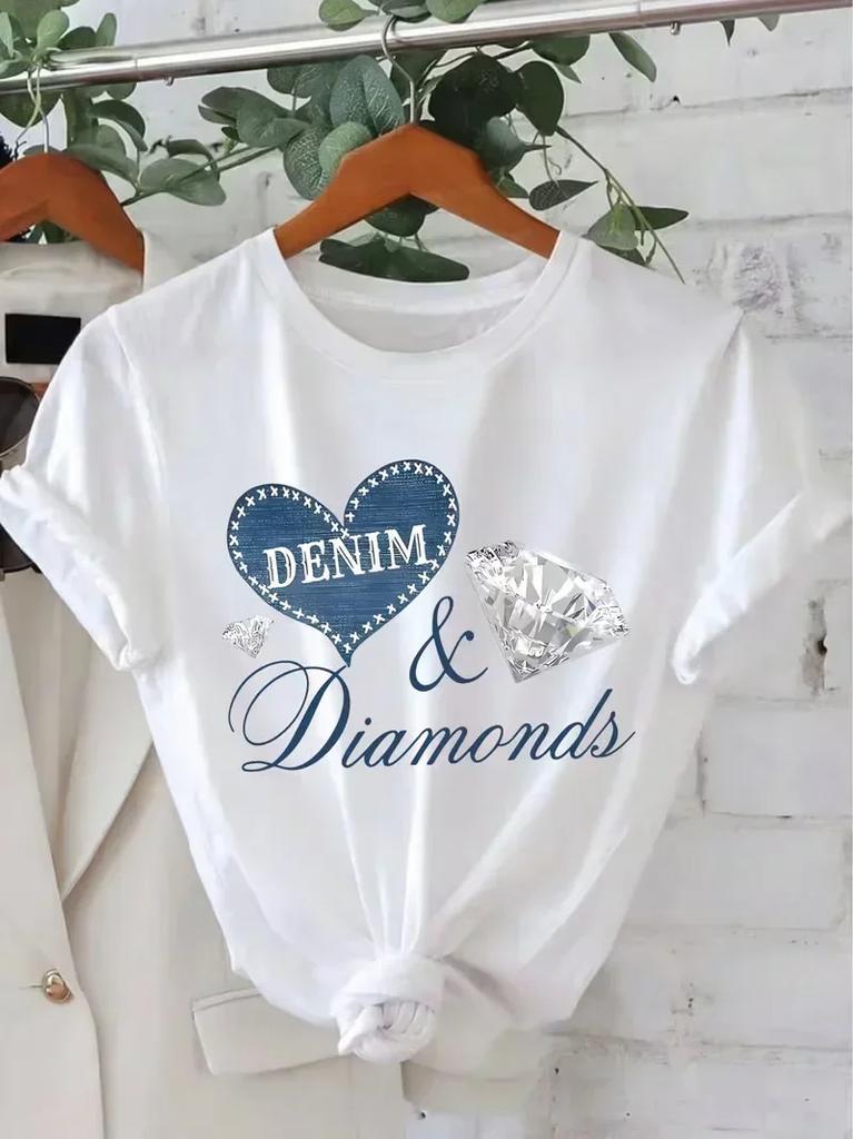 Blue Denim Heart Silver Diamond Graphic T Shirt Unisex Unisex Trendy Streetwear Durable All Seasons Daily Wear Casual Leisure Tops
