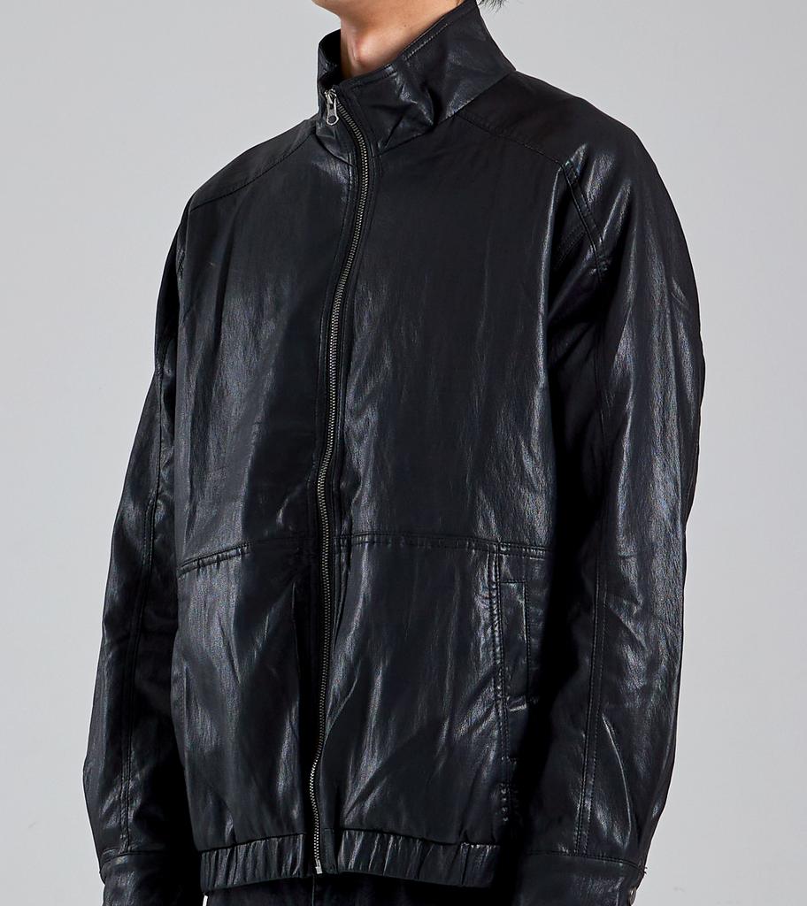 Button Seoul Minimal Vegan Leather Stand Collar Zip-Up Jacket (Black)