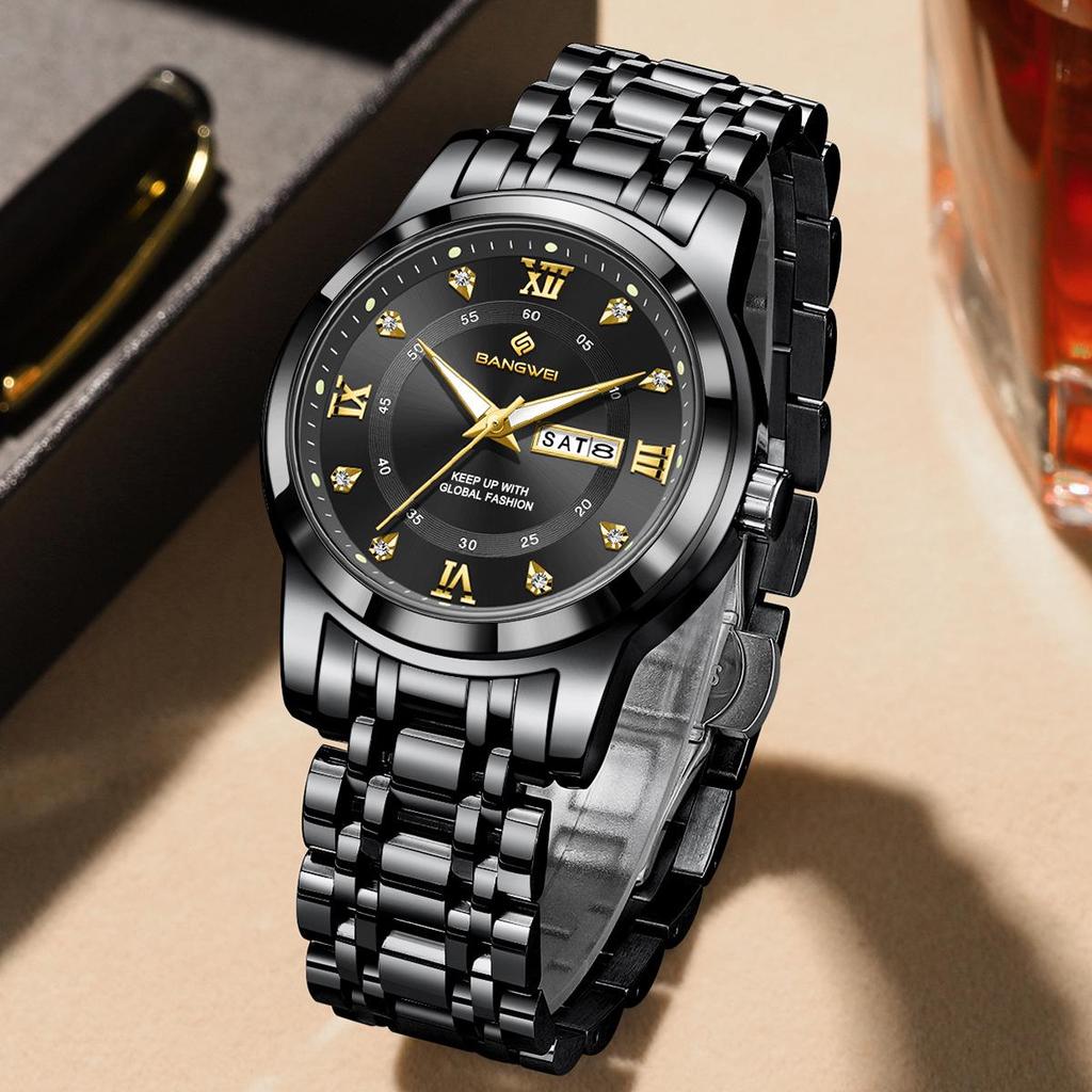 Men's Large Dial Quartz Watch with Dual Calendar & Luminous Hands