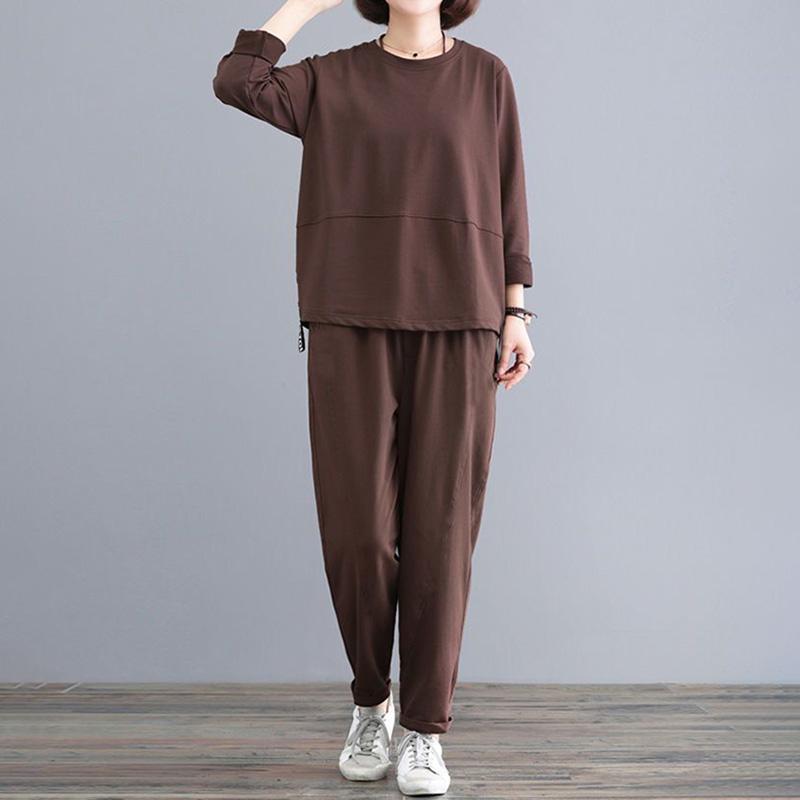 Dámský oblek Velká velikost Bavlněná košile s dlouhým rukávem Kalhoty Dvoudílný Kulatý výstřih Top a Dlouhé kalhoty 2dílný oblek