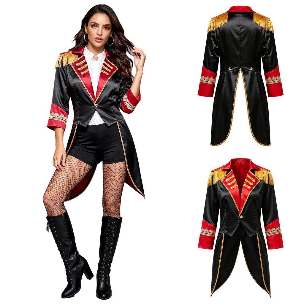 Giacca da Pista da Circo da Donna con Frange sulle Spalle, Collo a Revers, Maniche Lunghe, Polsini in Pizzo, Blocco di Colore, Raso per Feste a Tema Halloween, Carnevale, Role Playing