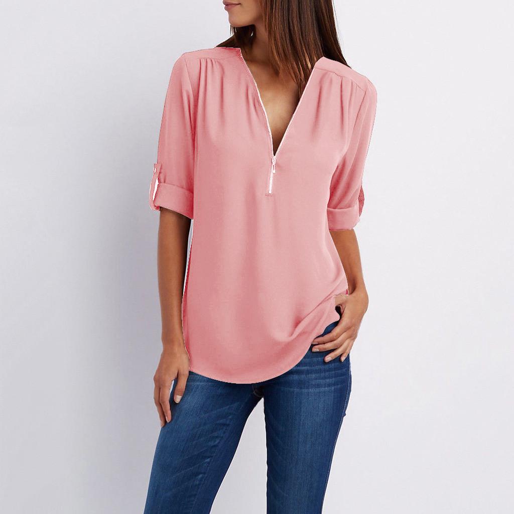Women Ladies Zipper Button Long Sleeves Loose Chiffon Shirt Clothing