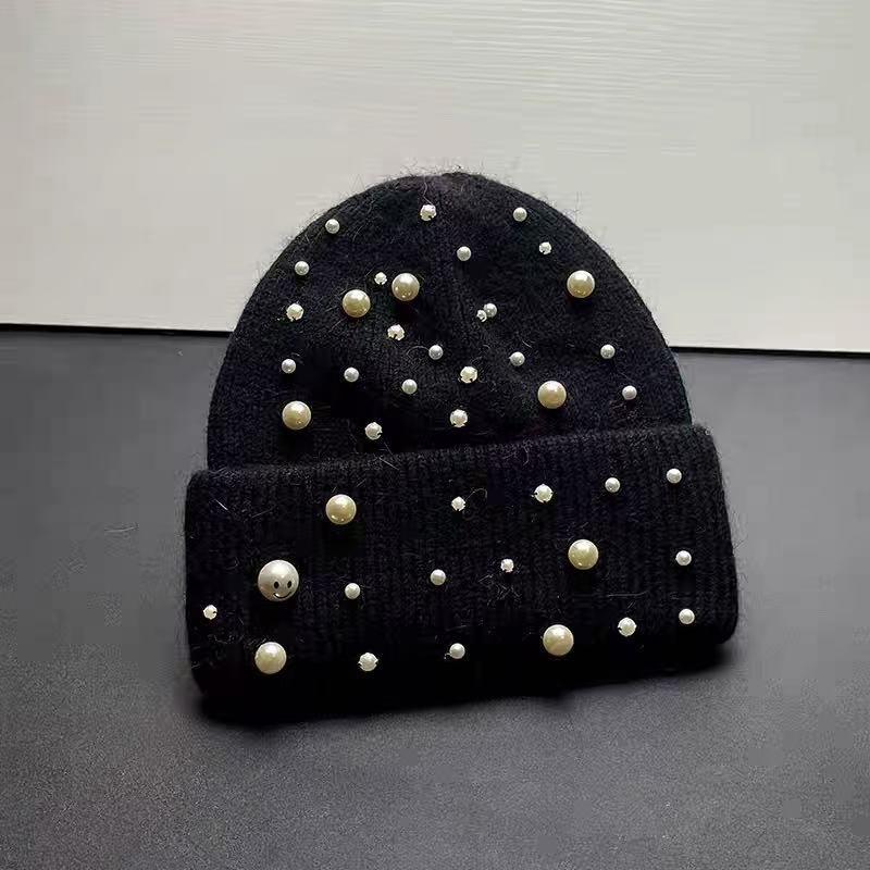 New Autumn And Winter Heavy-Duty Pearl Wool Hat Pearl Fashion Knitted Hat Warm Ear Protection