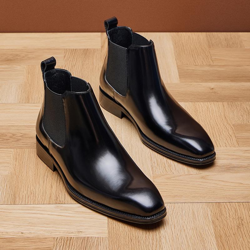 Men's British Style Genuine Cowhide Chelsea Boots - Shiny, Slip-On, Versatile High-Top Leather Footwear for Autumn/Winter
