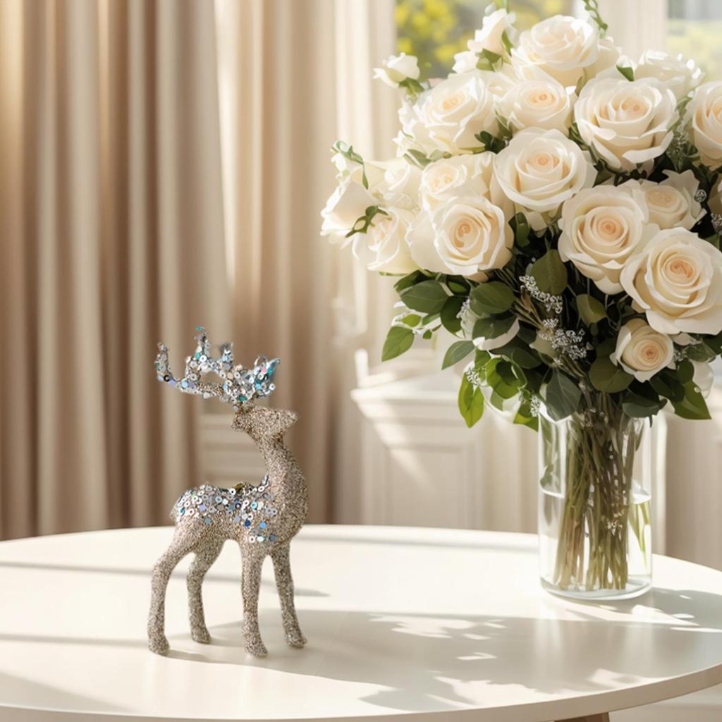 Christmas Figurines Reindeer Christmas Glitter Flocked Figurine Desktop Holiday Sculpture For Collectors Photography Home Living