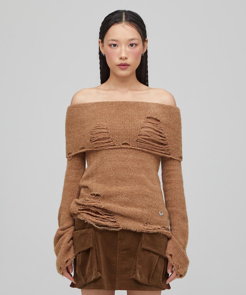 LALAFOX Knit Off-Shoulder Slim Knit Camel Bq4Kl009