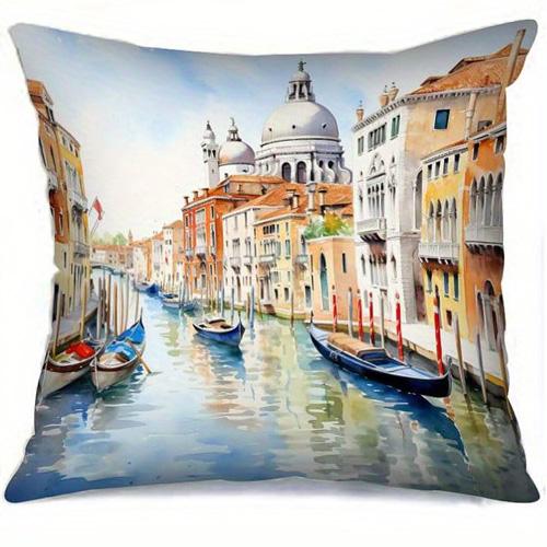 Short Plush Material Pillowcasehome Decor Venice Canal Watercolor Boat Pillow Covers Pattern Cushion Cover Suitable For Sofa Bed