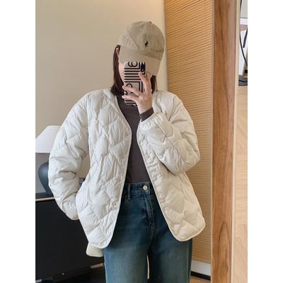 Collarless Light White Duck Down Jacket Women's Autumn and Winter Loose Coat