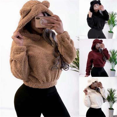Inverno Moda Coreana Orelhas de Urso Bonito Moletom Solto Fofo com Capuz Quente Manga Longa Top Pulôver Sólido Roupas para Mulheres