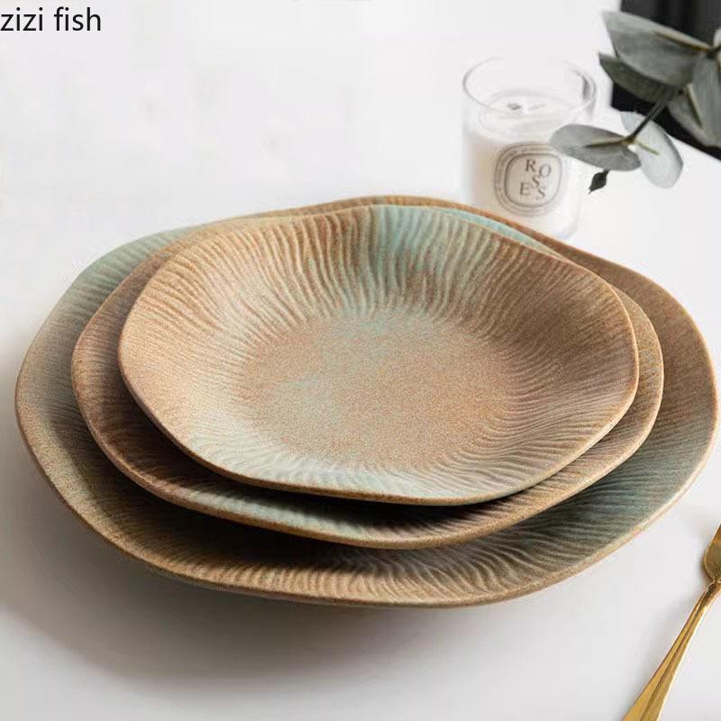 Kiln Changes Retro Ceramic Deep Plate Irregular Salad Plate Pasta Plate Dessert Plates Hotel Molecular Cuisine Tableware