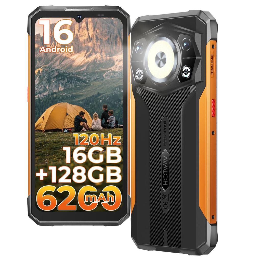 HOTWAV Cyber 17,Telefono Cellulare da Esterno,16GB(6+10)+128GB, Android 16, 6200mAh 20W, Fotocamera 48MP, Dual SIM 4G/NFC/OTG/Lanterna da Campeggio Super Luminosa