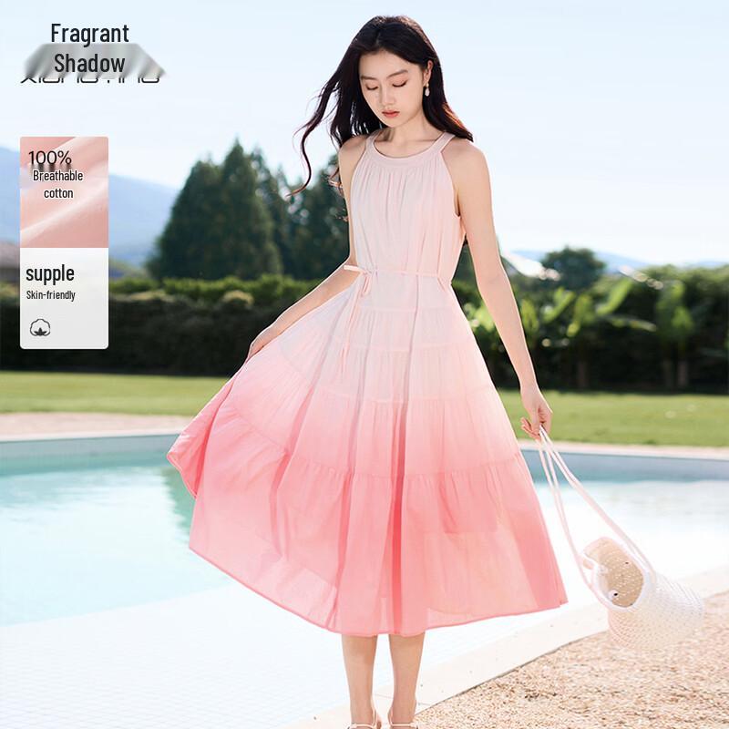 Xiangying Gradient Pink Halter Neck Cotton Midi Dress XL