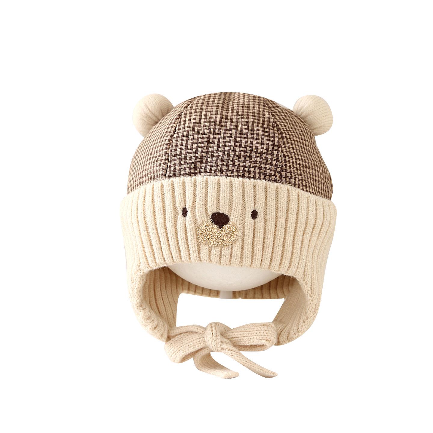 

Cartoon Ear Protection Baby Hat - Newborn Autumn/Winter Fontanelle Cover Plaid Ear Protection - Coffee
