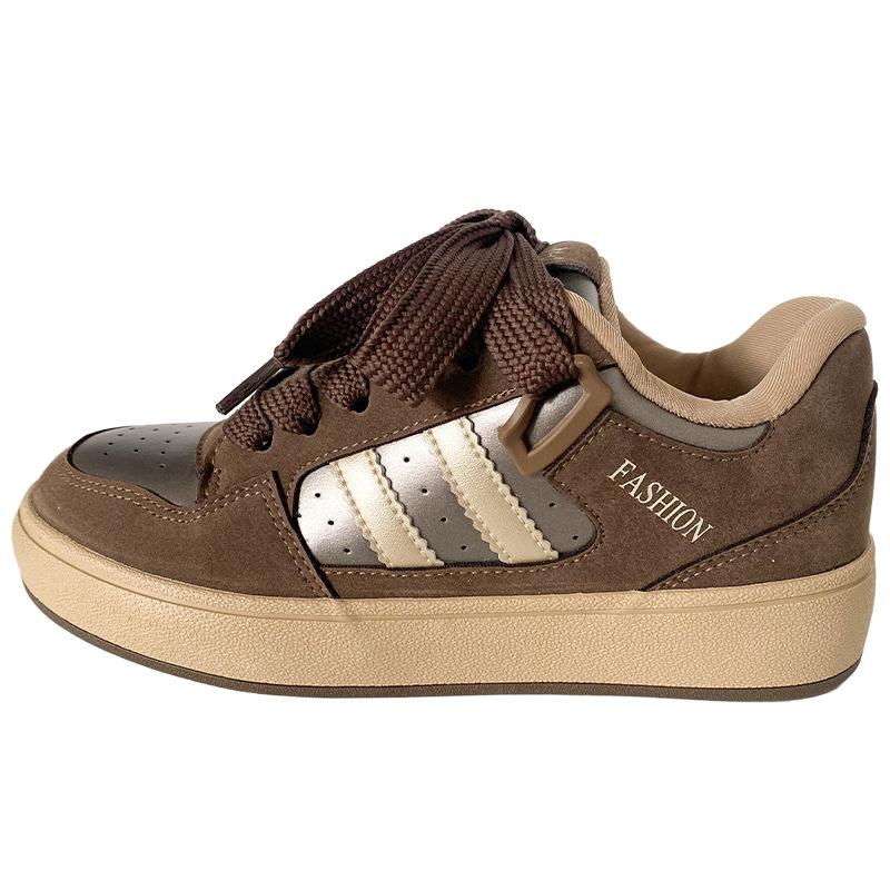 

H1390 2025 spring new platform bread shoes women s shoes niche design round head casual leather versatile board shoes 40 коричневый