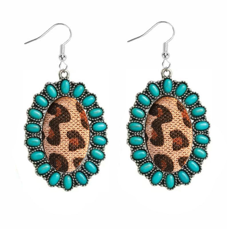 Fashion Retro Bohemian Turquoise Leopard Print Pendant Earrings Ethnic Style Long Earrings
