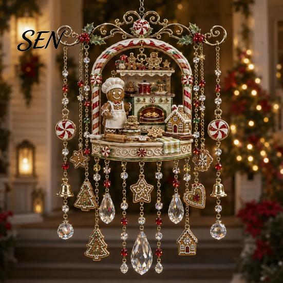 Vintage Christmas Train Pendant Wind Chime with Crystal Bead Chain, Cat Car/Owl Xmas Tree Hanging Decor Pattern Design, Retro Ornament for Home Garden