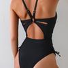 Halter Double Strap V Neck One Piece Swimsuit Side Tie High Cut Bathing Suit