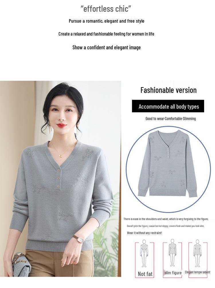Elegant V-neck Knit Top for Middle-aged and Senior Women - Long-sleeved Autumn/Winter Sweater Base Layer.