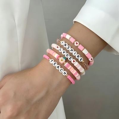 Popular Teachers' Day Bracelet Set Color Soft Pottery Beaded Jewelry Love Apple Back-to-School Stacked Jewelry