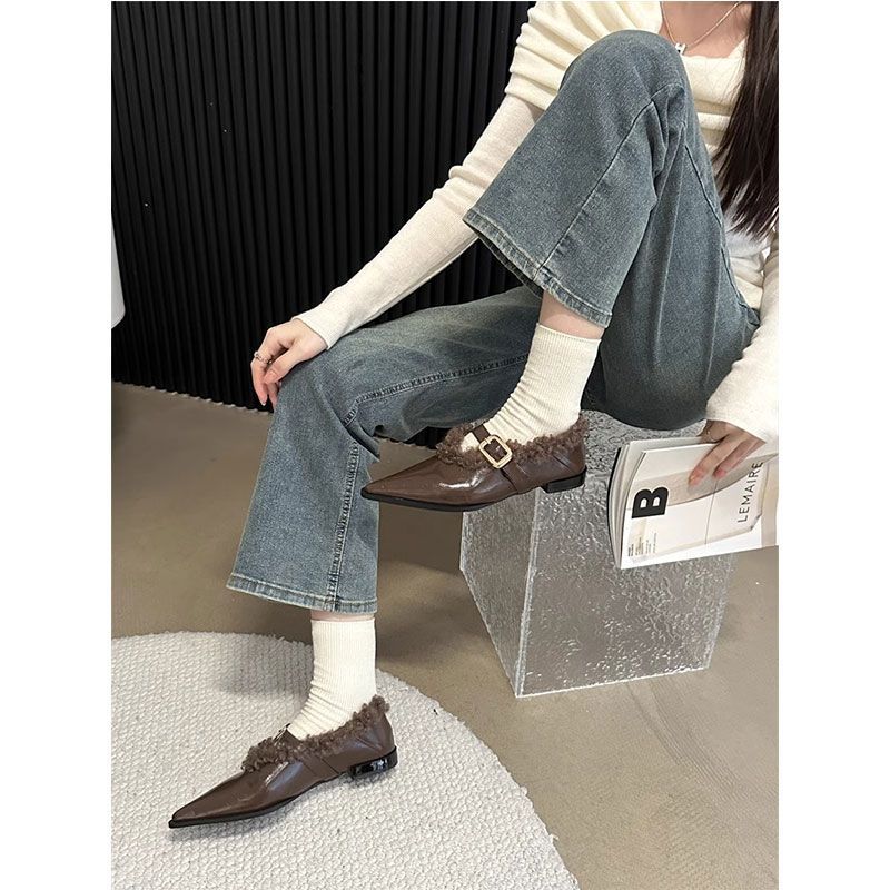 Fleece 2025 autumn and winter new hair super one-word button pointed flat-soled cotton shoes hair shoes flat-heeled single shoes women's shoes