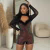 C7055 European & American Sequin Deep V Long Sleeve Mini Dress - Women's Fashion