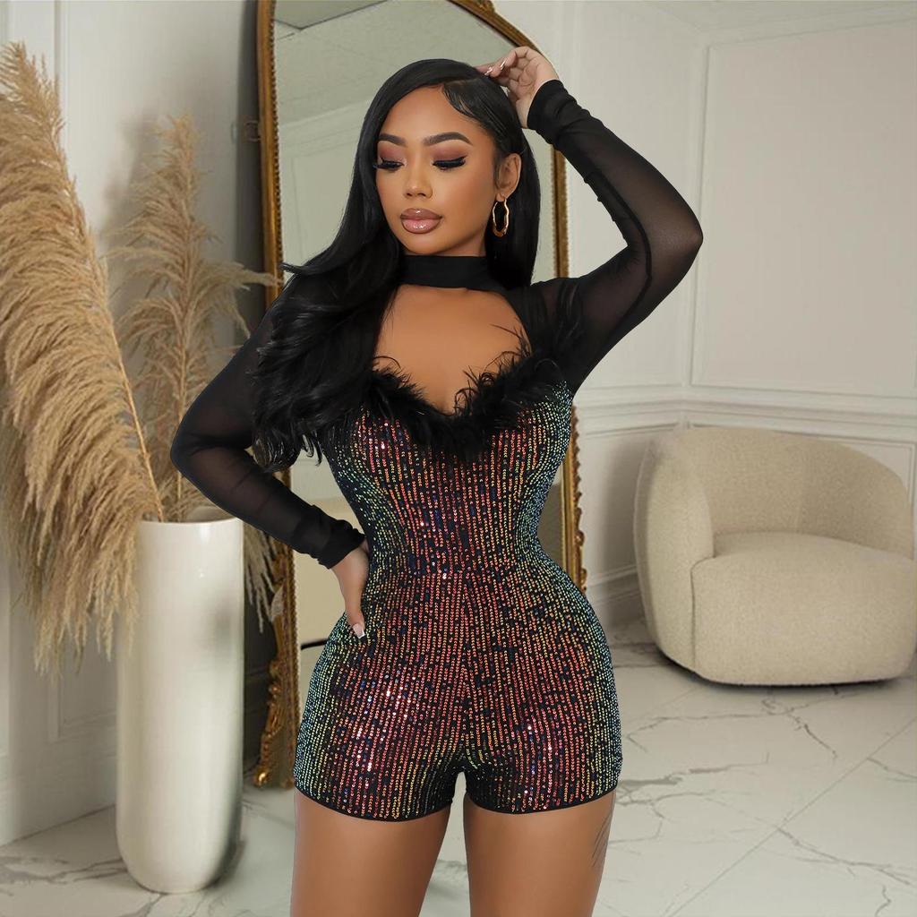 C7055 European & American Sequin Deep V Long Sleeve Mini Dress - Women's Fashion