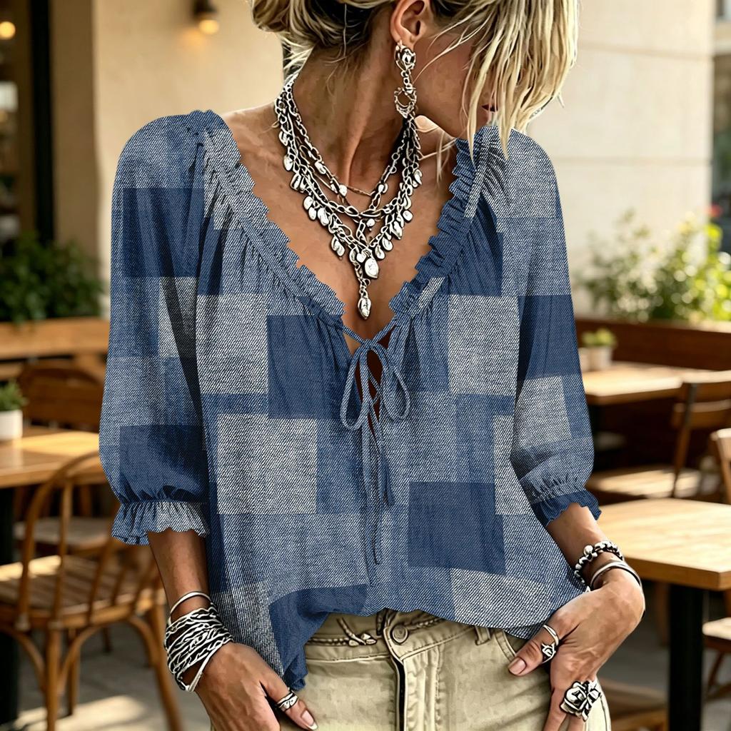 Women's V Neck Ruffle Blouse with Plaid Print and Tie for Casual Wear