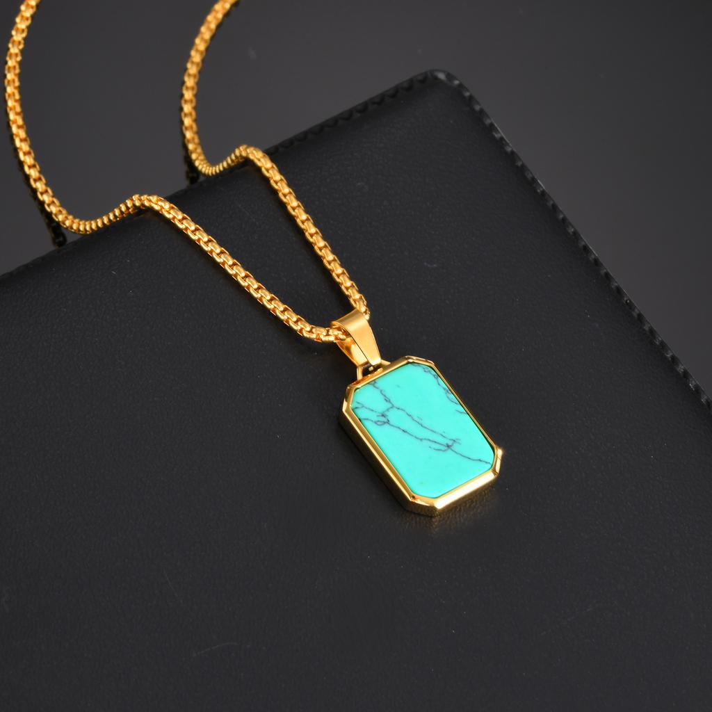 Stainless Steel Rectangle Natural Stone Pendant Necklaces, Minimalist Dainty Chain Necklace, Luxury Fashion Jewelry For Men Gift